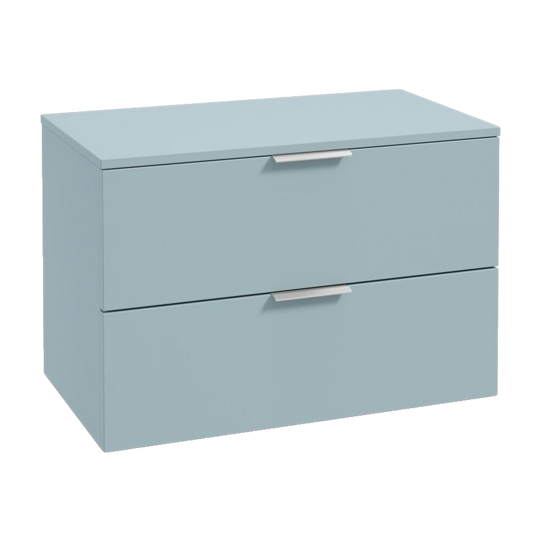 SONAS Stockholm 80cm wall hung two drawer vanity unit in Matt Morning Sky Blue with brushed chrome handles
