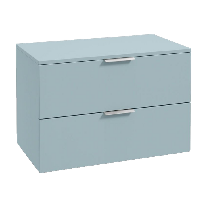 SONAS Stockholm 80cm wall hung two drawer vanity unit in Matt Morning Sky Blue with brushed chrome handles