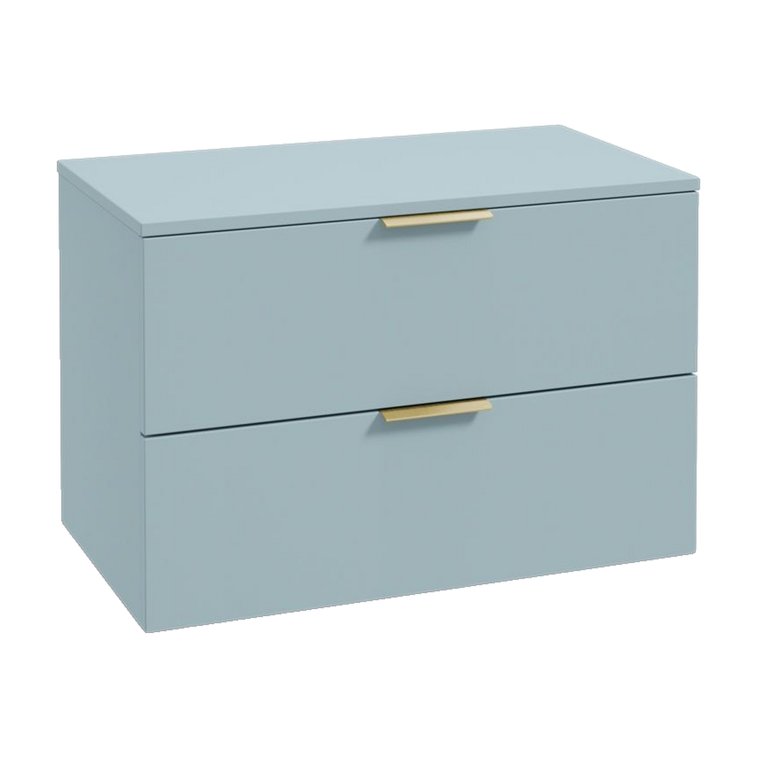 SONAS Stockholm 80cm wall hung two drawer vanity unit in Matt Morning Sky Blue with brushed gold handles
