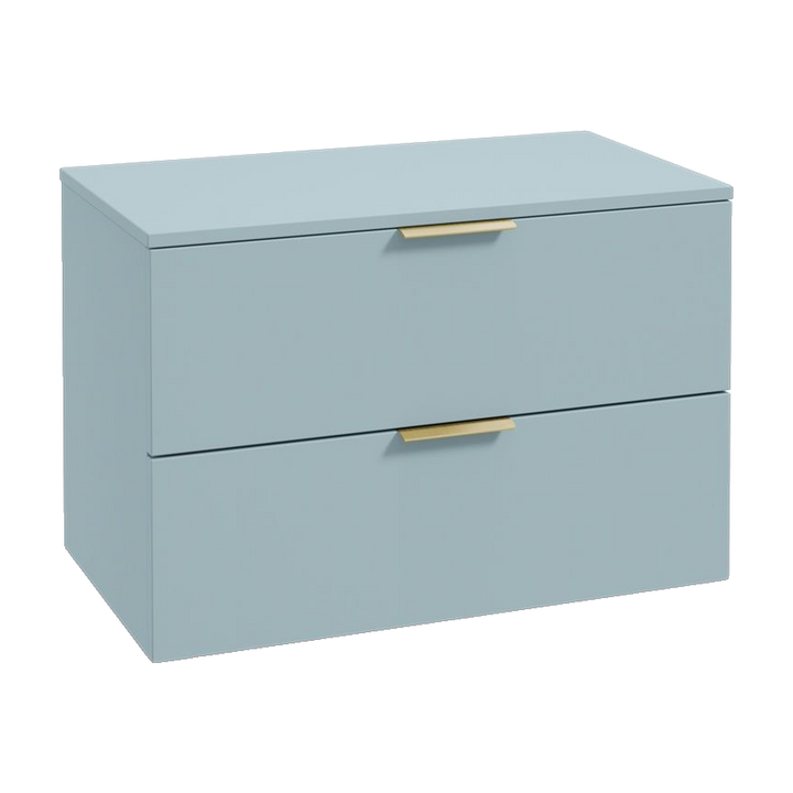 SONAS Stockholm 80cm wall hung two drawer vanity unit in Matt Morning Sky Blue with brushed gold handles