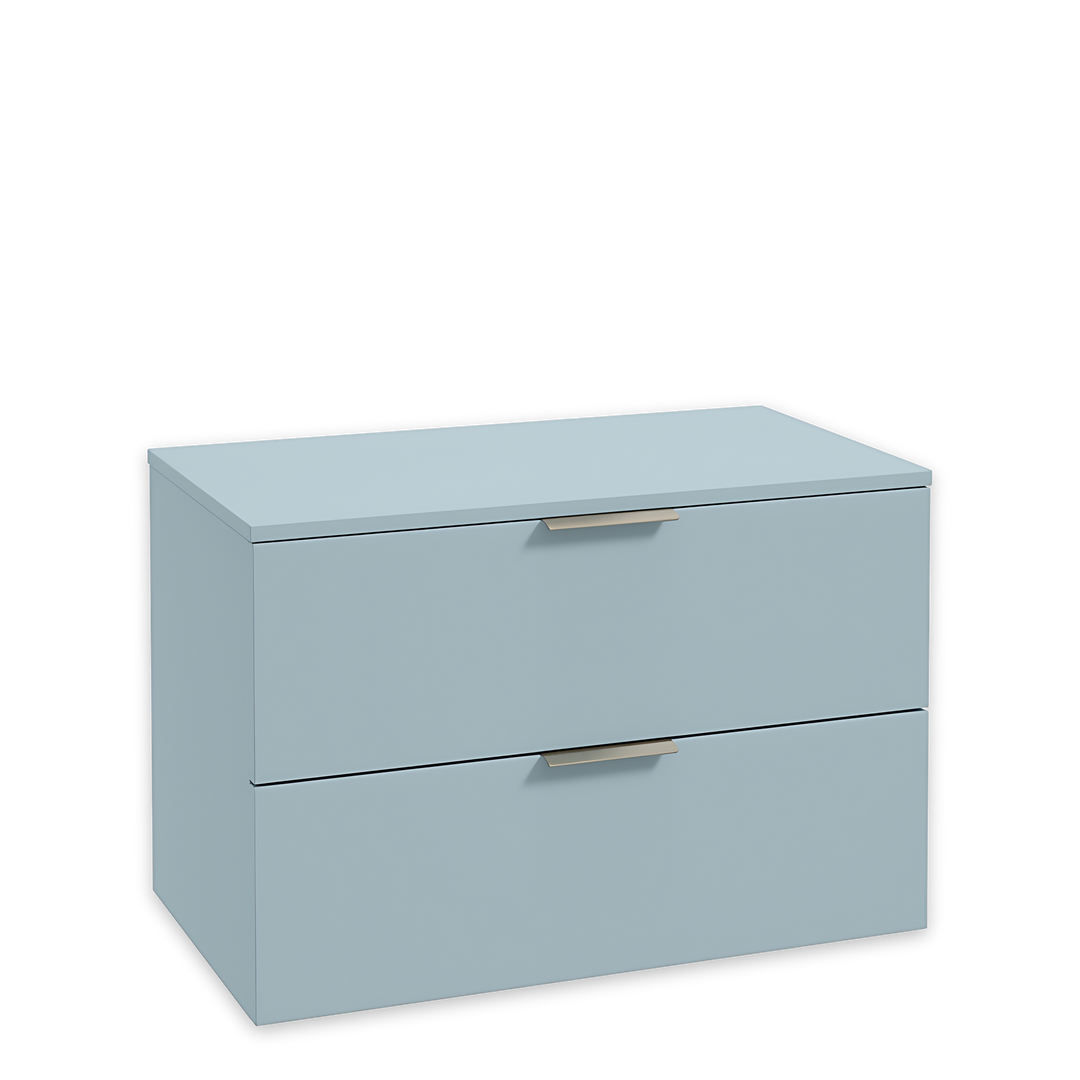 SONAS Stockholm 80cm wall hung two drawer vanity unit in Matt Morning Sky Blue with brushed nickel handles
