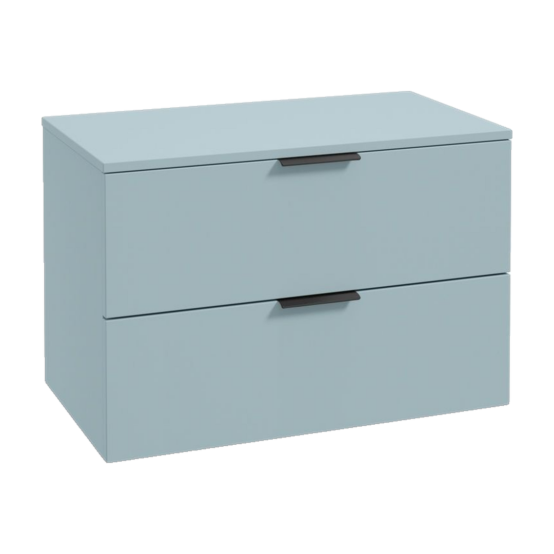 SONAS Stockholm 80cm wall hung two drawer vanity unit in Matt Morning Sky Blue with matt black handles