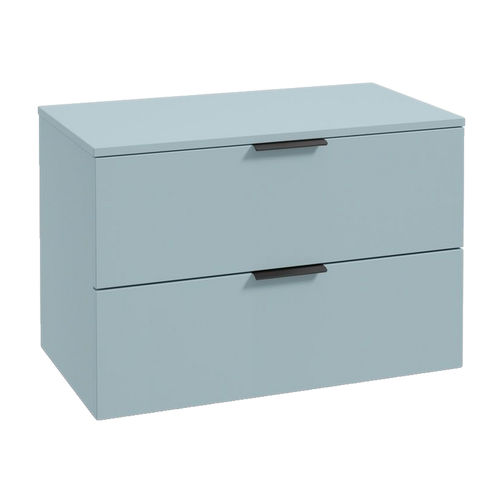 SONAS Stockholm 80cm wall hung two drawer vanity unit in Matt Morning Sky Blue with matt black handles