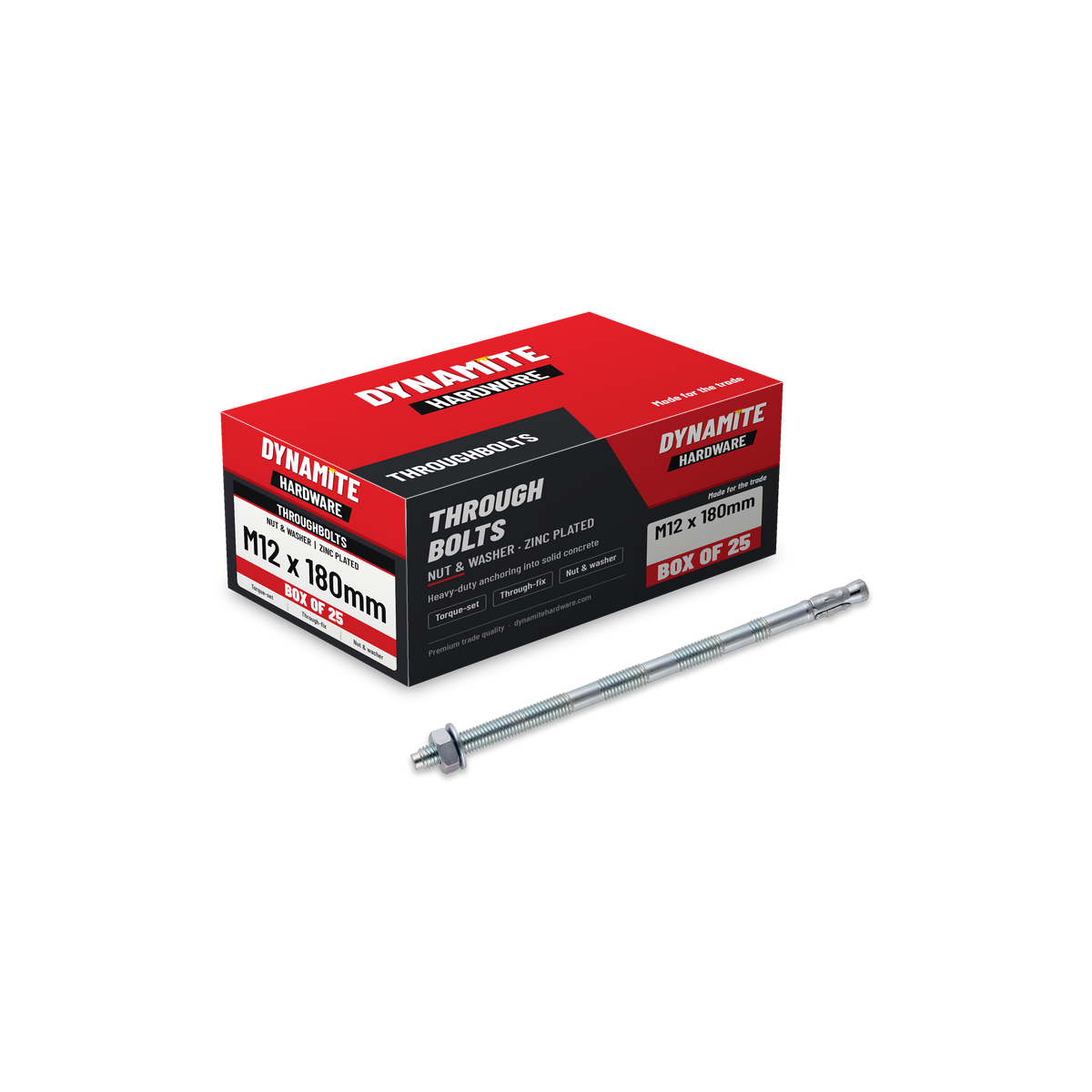 Throughbolts M12 x 180mm Zinc Plated, box of 25