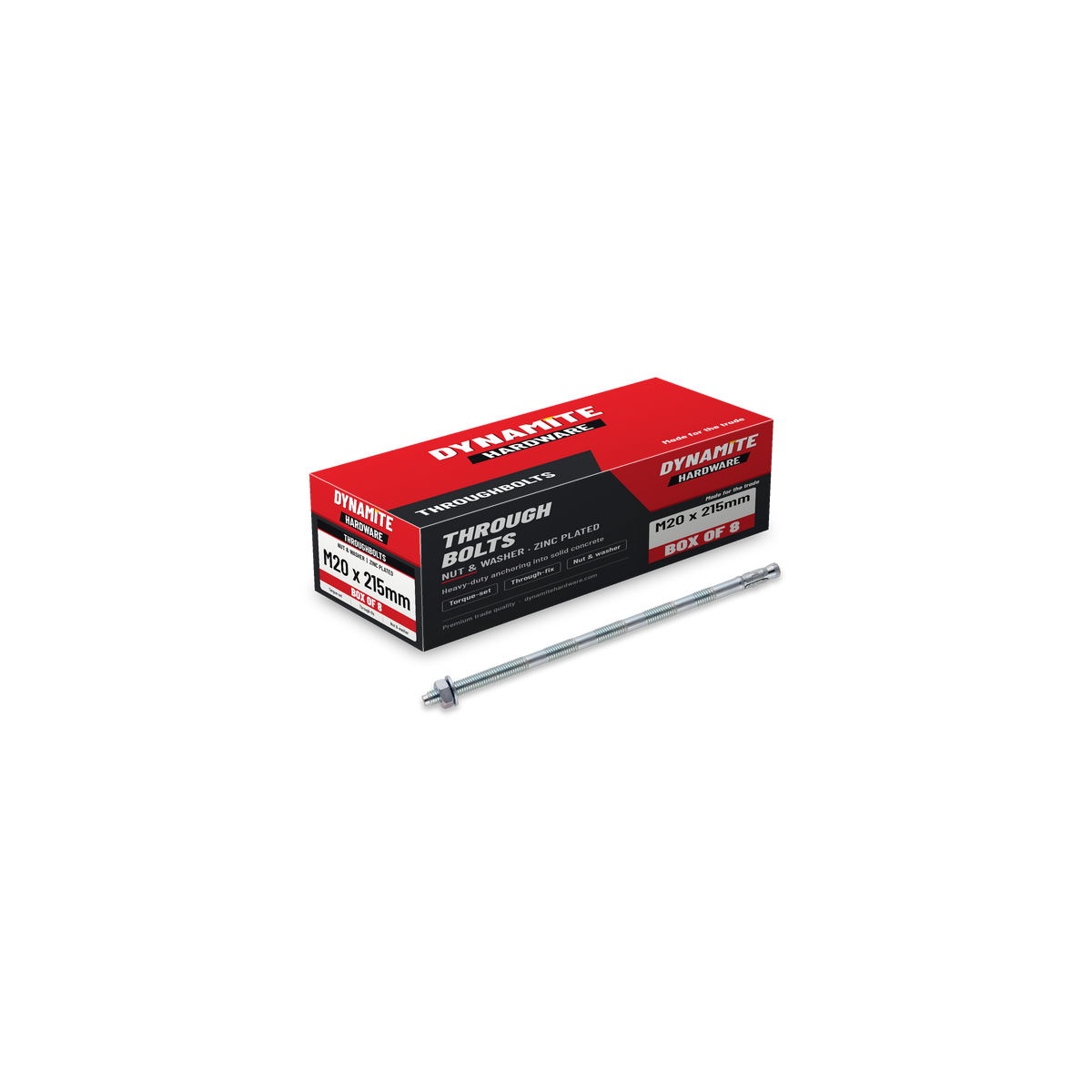 Throughbolts M20 x 215mm Zinc Plated, box of 8