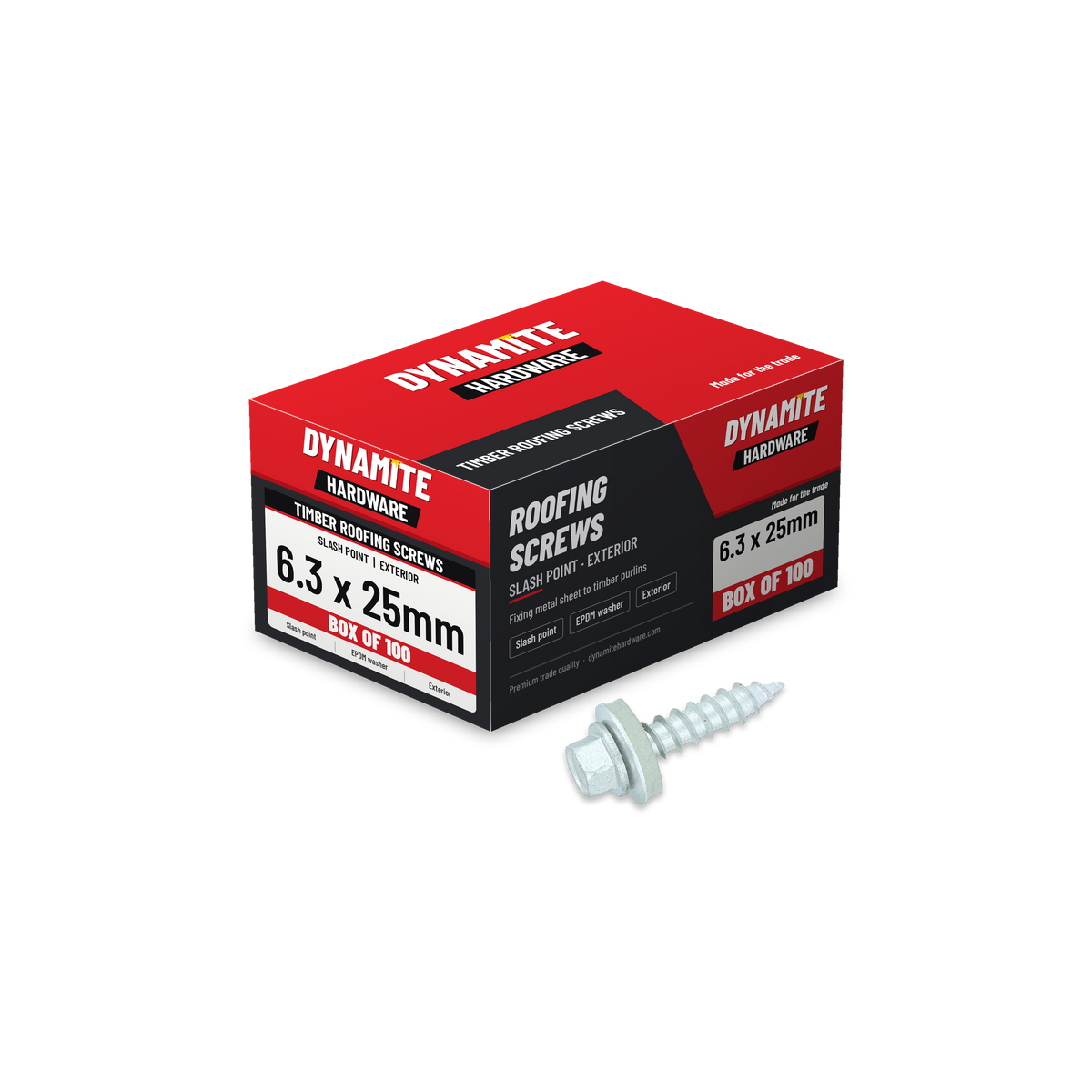 Timber Roofing Screws Slash Point 6.3 x 25mm Hex with 16mm EPDM Washer, box of 100