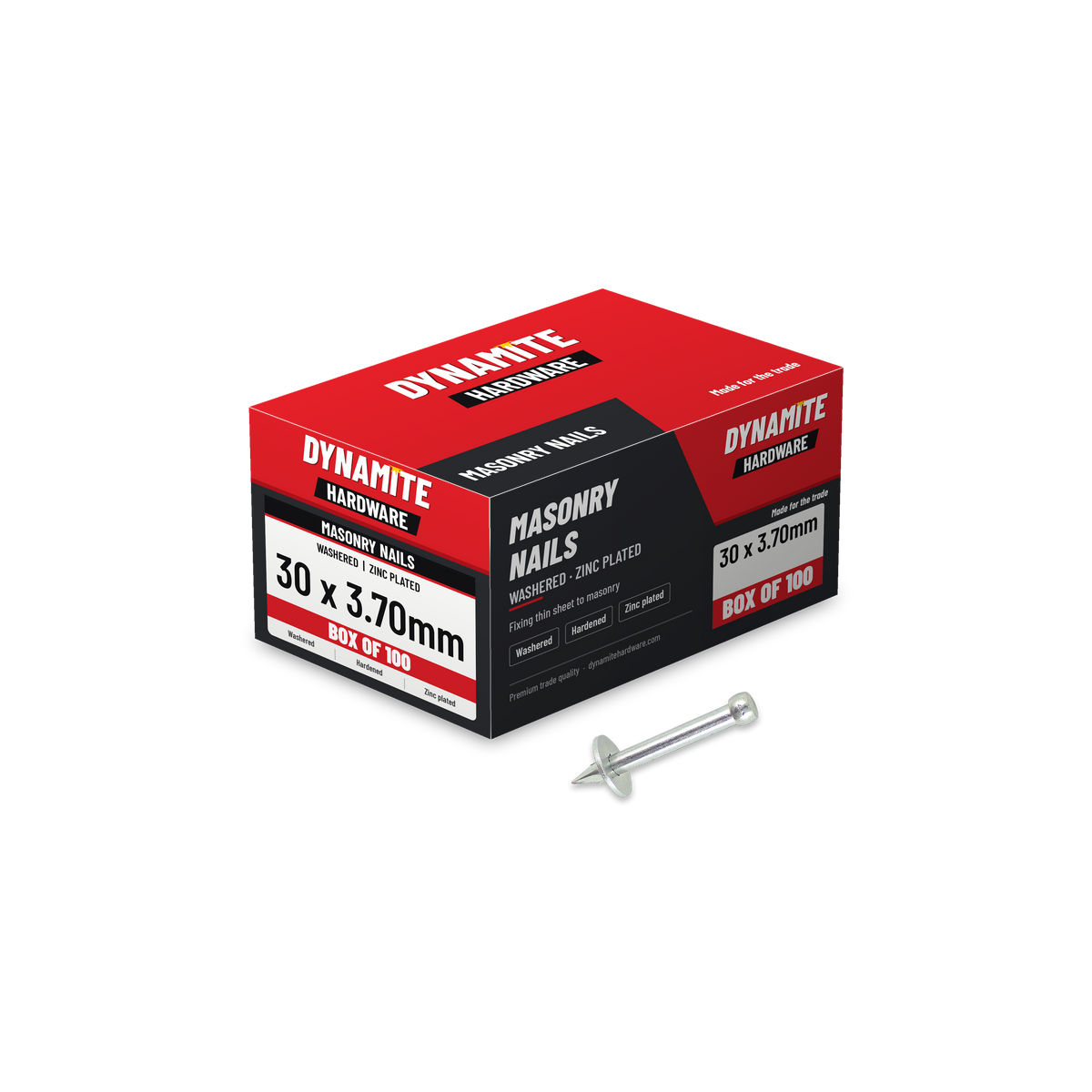 Washered Masonry Nails 30 x 3.70mm Zinc Plated, box of 100