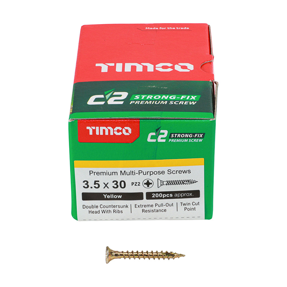 C2 Strong-Fix Multi-Purpose Premium Screws - PZ - Double Countersunk - Yellow 3.5 x 30mm (200 QTY) - Dynamite Hardware