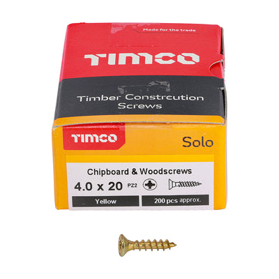 Solo Chipboard & Woodscrews - PZ - Double Countersunk - Yellow 4.0 x 20mm (200 QTY)