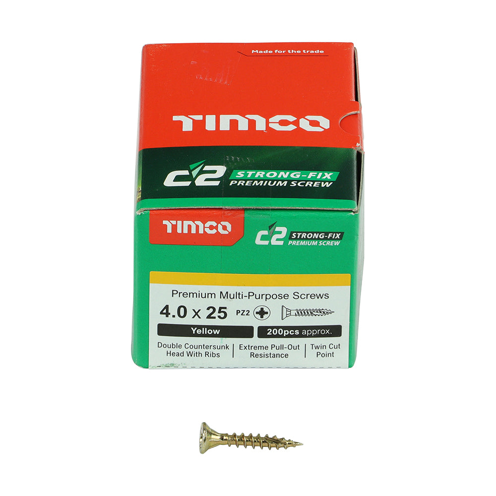 C2 Strong-Fix Multi-Purpose Premium Screws - PZ - Double Countersunk - Yellow 4.0 x 25mm (200 QTY) - Dynamite Hardware