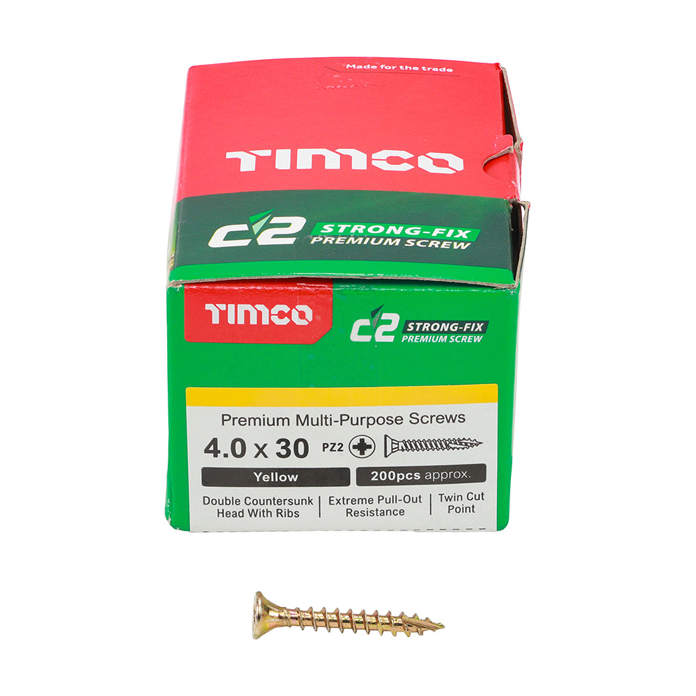 C2 Strong-Fix Multi-Purpose Premium Screws - PZ - Double Countersunk - Yellow 4.0 x 30mm (200 QTY) - Dynamite Hardware