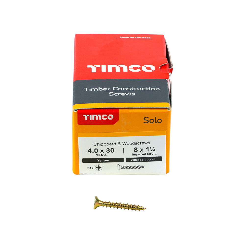 Solo Chipboard & Woodscrews - PZ - Double Countersunk - Yellow 4.0 x 30mm (200 QTY) - Dynamite Hardware