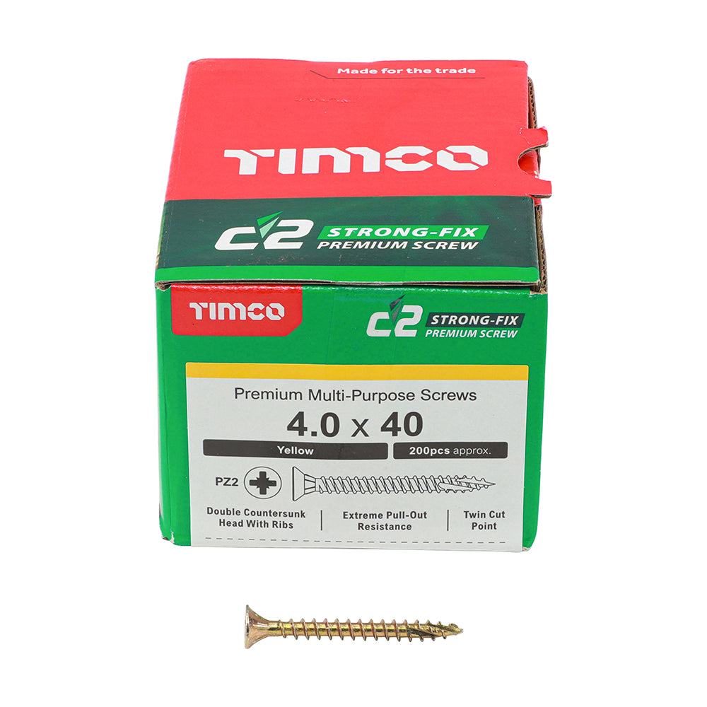 C2 Strong-Fix Multi-Purpose Premium Screws - PZ - Double Countersunk - Yellow 4.0 x 40mm (200 QTY) - Dynamite Hardware