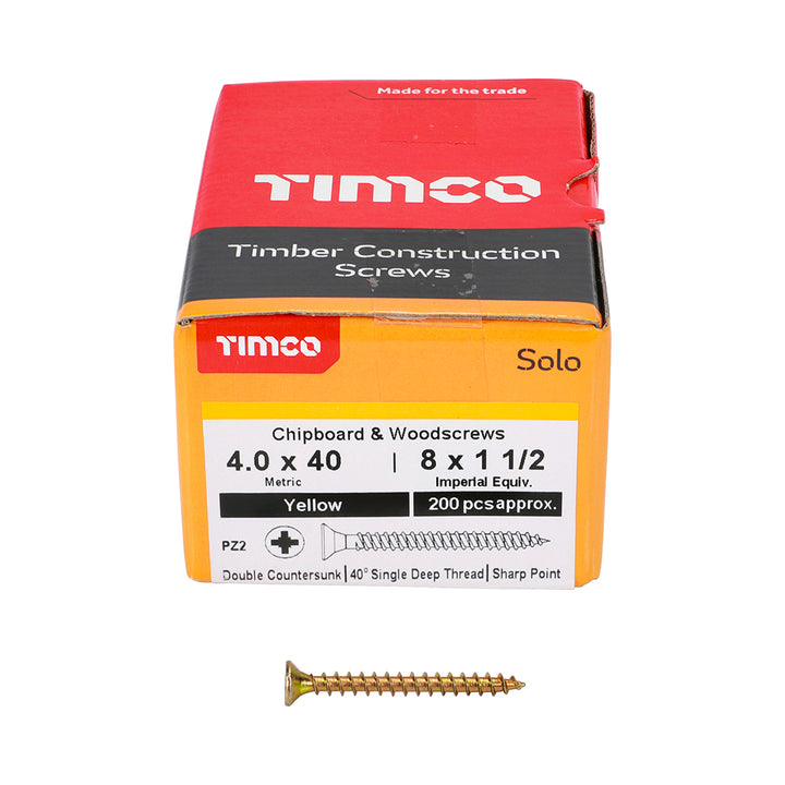 Solo Chipboard & Woodscrews - PZ - Double Countersunk - Yellow 4.0 x 40 (200 QTY) - Dynamite Hardware