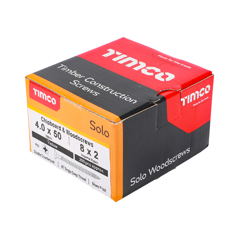 Solo Chipboard & Woodscrews - PZ - Double Countersunk - Yellow 4.0 x 50mm (200 QTY) - Dynamite Hardware