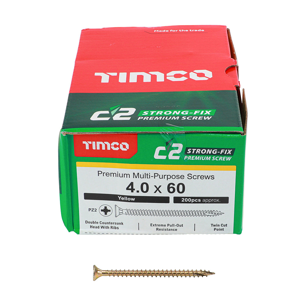 C2 Strong-Fix Multi-Purpose Premium Screws - PZ - Double Countersunk - Yellow 4.0 x 60mm (200 QTY) - Dynamite Hardware