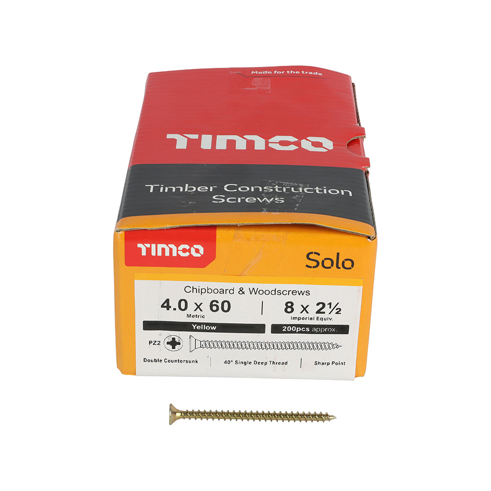 Solo Chipboard & Woodscrews - PZ - Double Countersunk - Yellow 4.0 x 60mm (200 QTY) - Dynamite Hardware