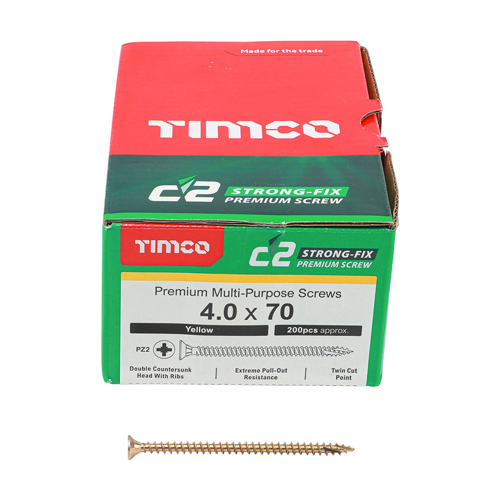 C2 Strong-Fix Multi-Purpose Premium Screws - PZ - Double Countersunk - Yellow 4.0 x 70mm (200 QTY) - Dynamite Hardware