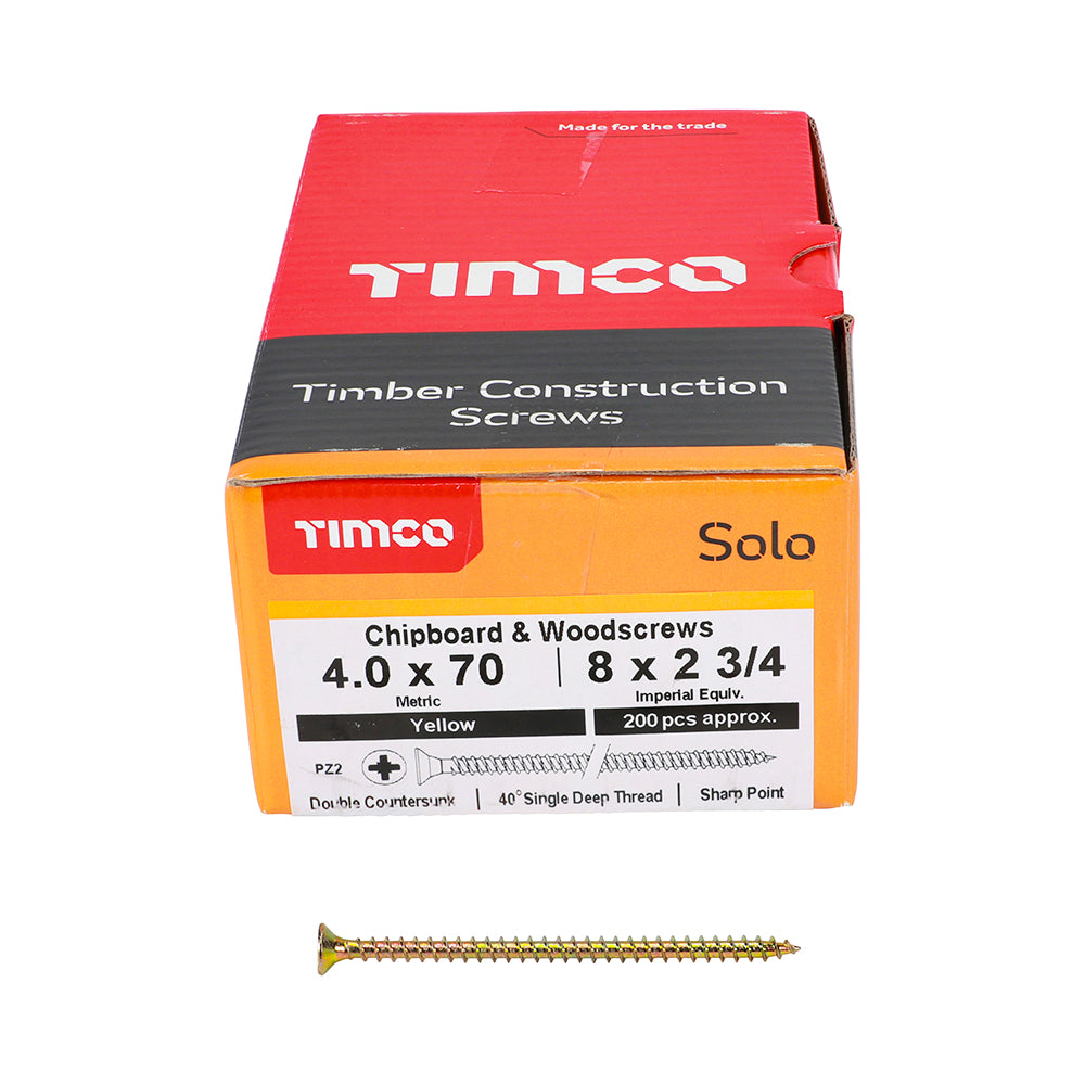 Solo Chipboard & Woodscrews - PZ - Double Countersunk - Yellow 4.0 x 70mm (200 QTY) - Dynamite Hardware
