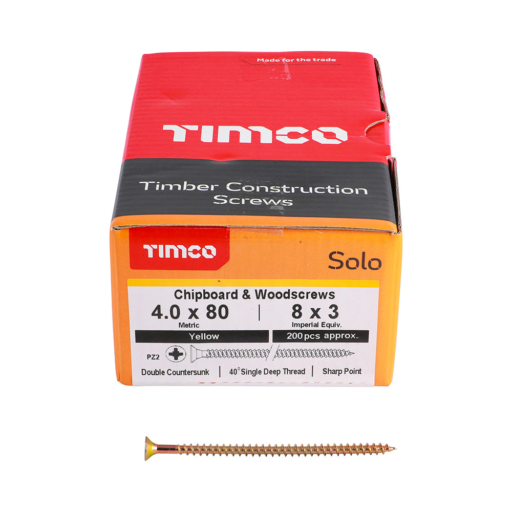 Solo Chipboard & Woodscrews - PZ - Double Countersunk - Yellow 4.0 x 80mm (200 QTY) - Dynamite Hardware