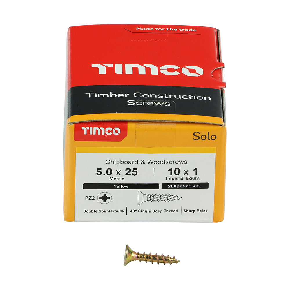 Solo Chipboard & Woodscrews - PZ - Double Countersunk - Yellow 5.0 x 25mm (200 QTY) - Dynamite Hardware