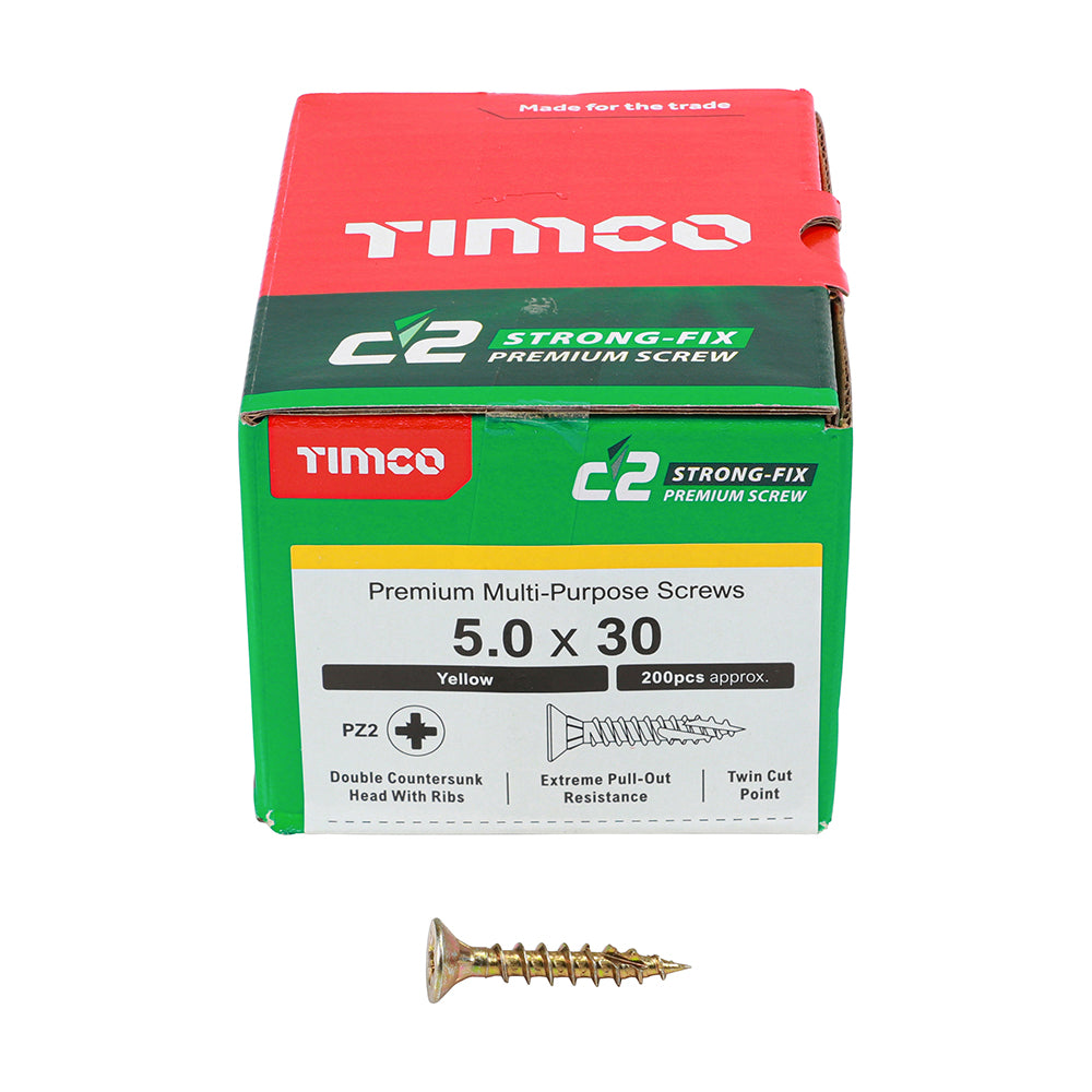 C2 Strong-Fix Multi-Purpose Premium Screws - PZ - Double Countersunk - Yellow 5.0 x 30mm (200 QTY) - Dynamite Hardware