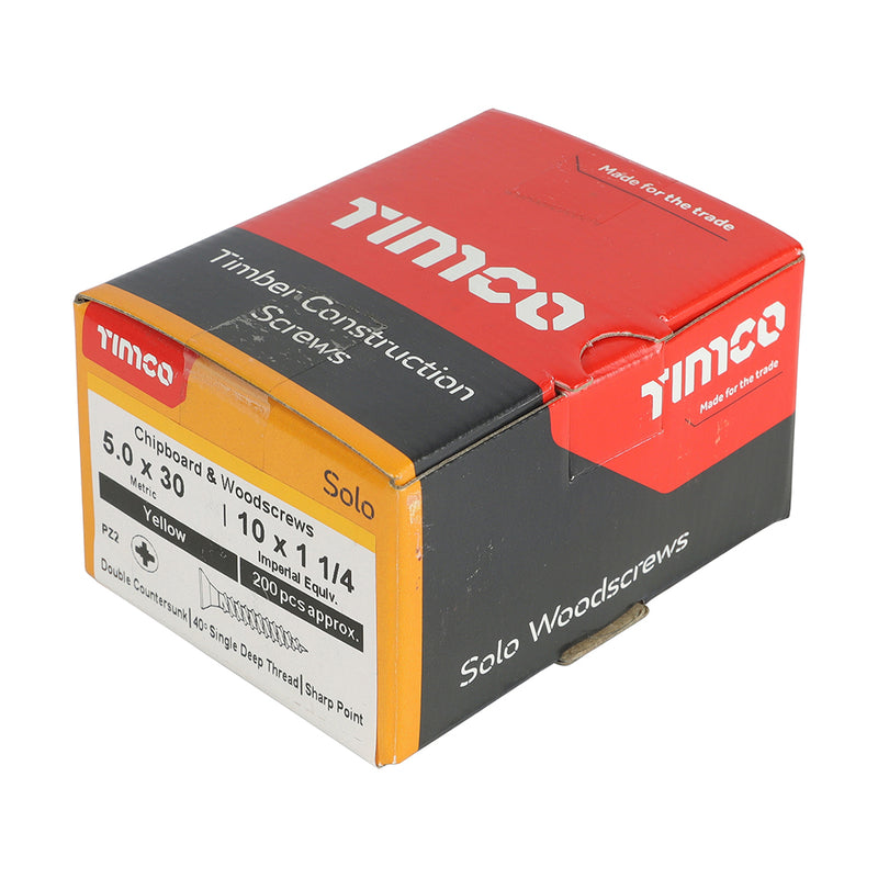 Solo Chipboard & Woodscrews - PZ - Double Countersunk - Yellow 5.0 x 30mm (200 QTY) - Dynamite Hardware