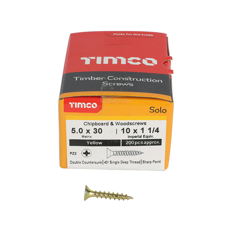Solo Chipboard & Woodscrews - PZ - Double Countersunk - Yellow 5.0 x 30mm (200 QTY) - Dynamite Hardware