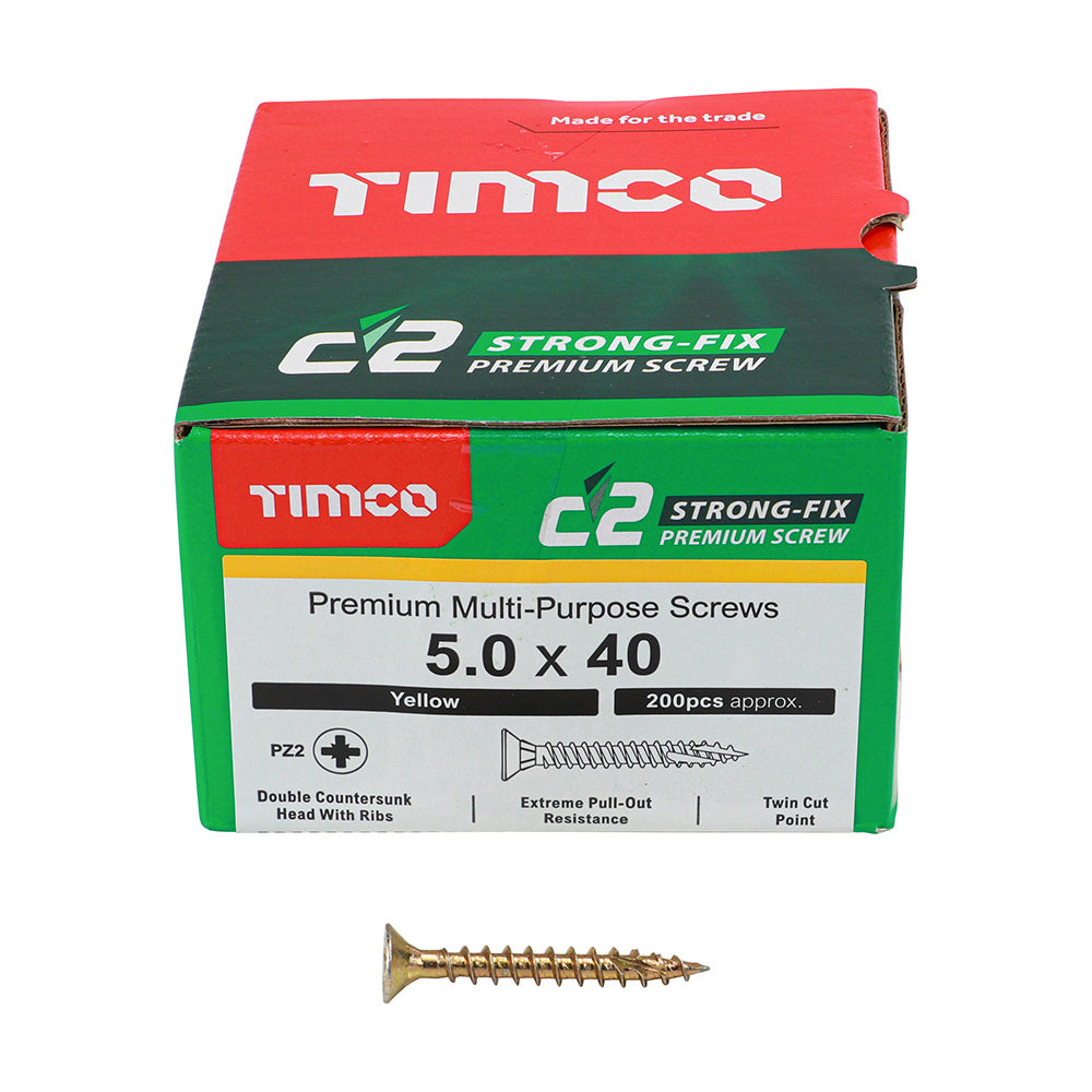 C2 Strong-Fix Multi-Purpose Premium Screws - PZ - Double Countersunk - Yellow 5.0 x 40mm (200 QTY) - Dynamite Hardware