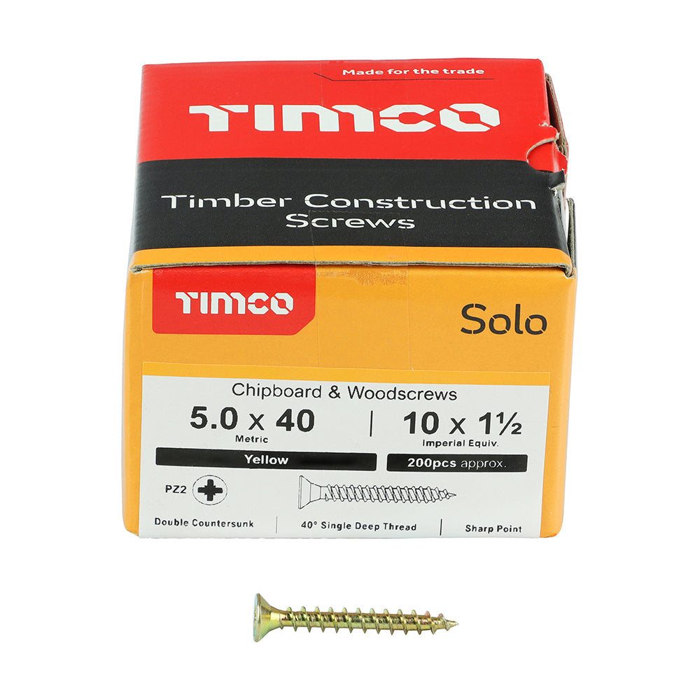Solo Chipboard & Woodscrews - PZ - Double Countersunk - Yellow 5.0 x 40mm (200 QTY) - Dynamite Hardware