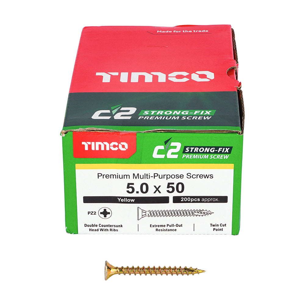C2 Strong-Fix Multi-Purpose Premium Screws - PZ - Double Countersunk - Yellow 5.0 x 50mm (200 QTY) - Dynamite Hardware