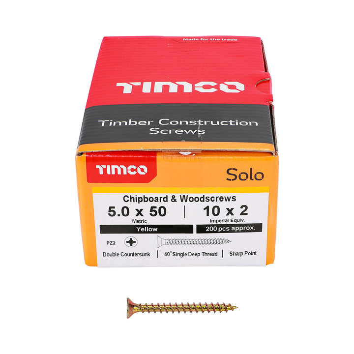 Solo Chipboard & Woodscrews - PZ - Double Countersunk - Yellow 5.0 x 50mm (200 QTY) - Dynamite Hardware