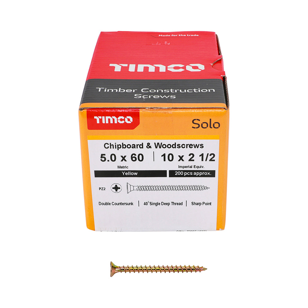 Solo Chipboard & Woodscrews - PZ - Double Countersunk - Yellow 5.0 x 60mm (200 QTY) - Dynamite Hardware