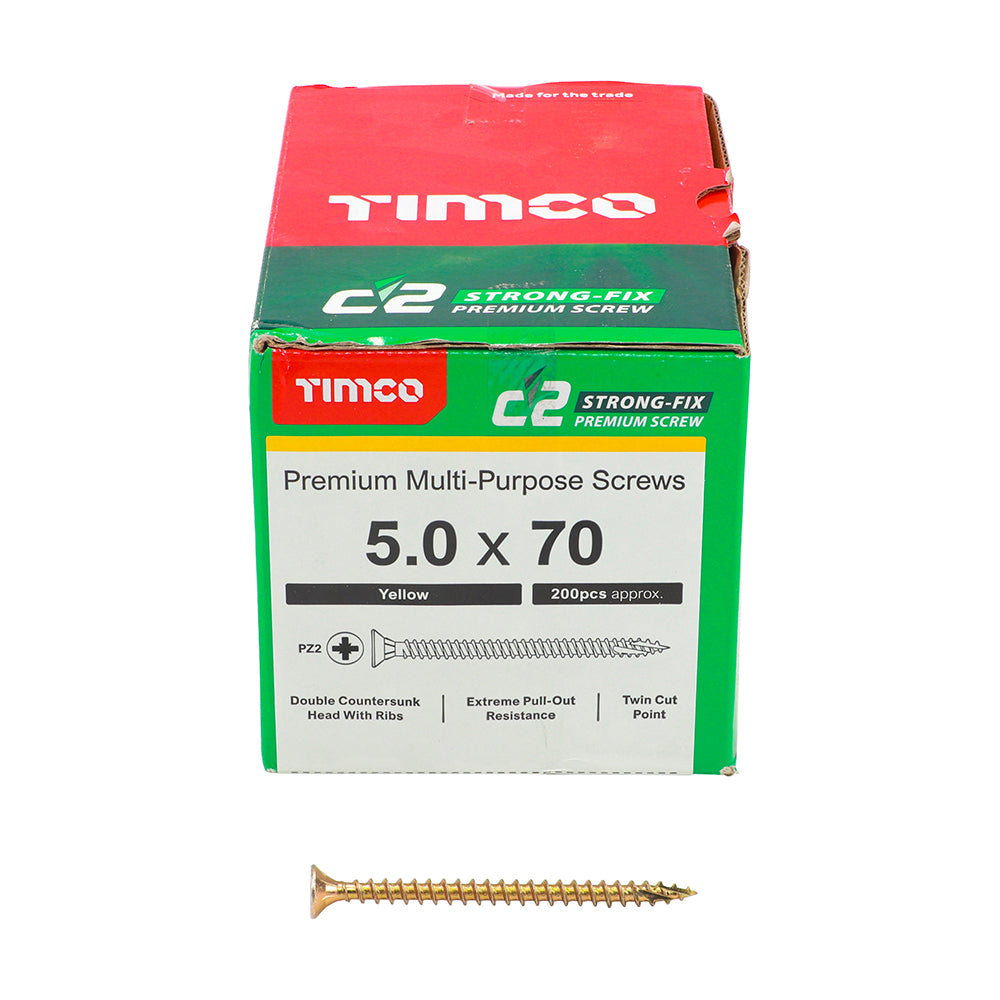 C2 Strong-Fix Multi-Purpose Premium Screws - PZ - Double Countersunk - Yellow 5.0 x 70mm (200 QTY) - Dynamite Hardware