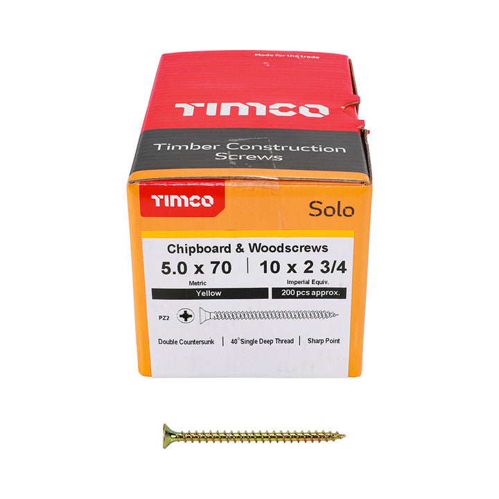 Solo Chipboard & Woodscrews - PZ - Double Countersunk - Yellow 5.0 x 70mm (200 QTY) - Dynamite Hardware