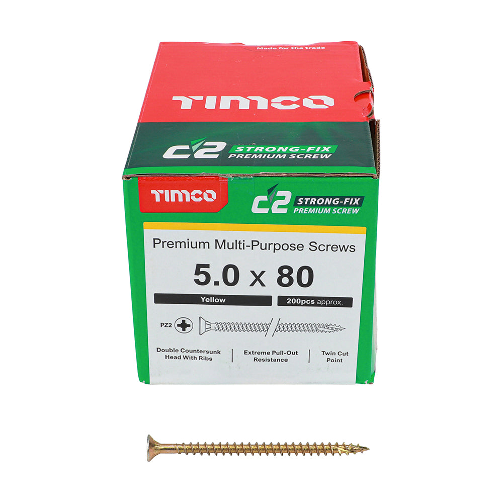 C2 Strong-Fix Multi-Purpose Premium Screws - PZ - Double Countersunk - Yellow 5.0 x 80mm (200 QTY) - Dynamite Hardware