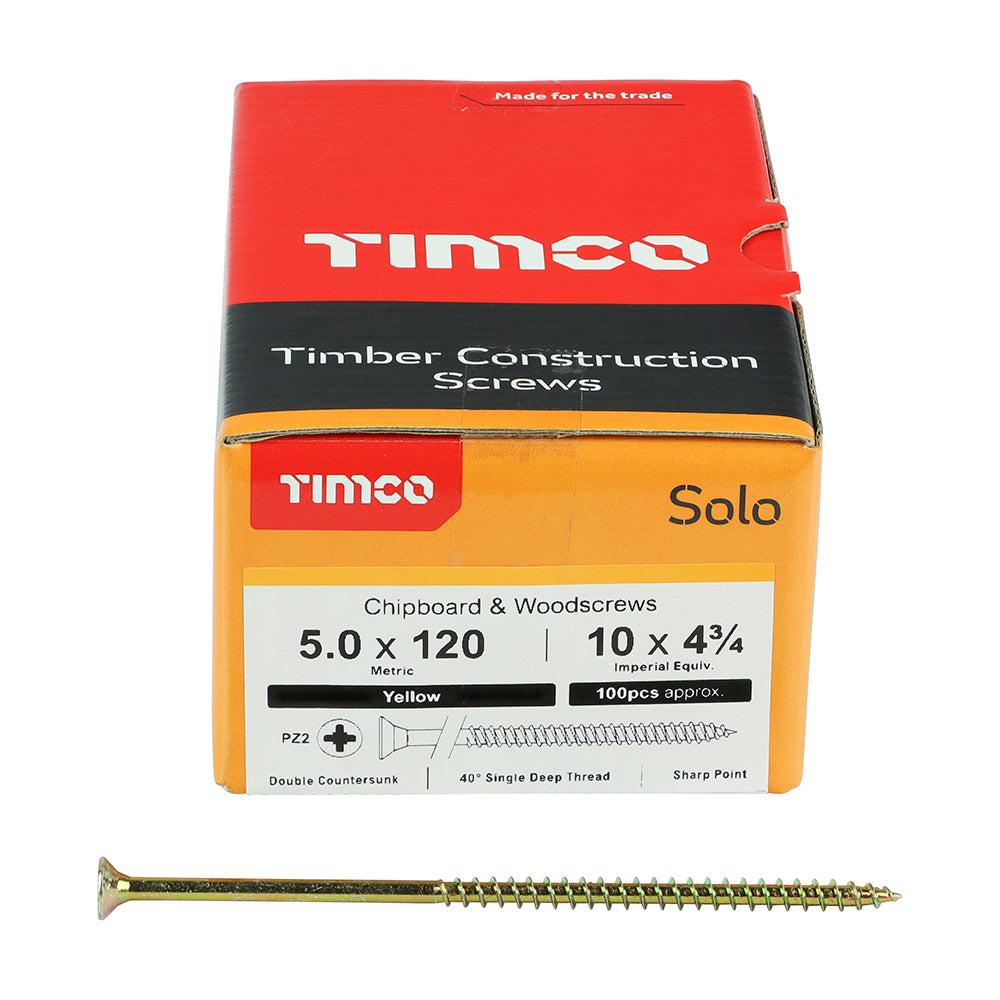 Solo Chipboard & Woodscrews - PZ - Double Countersunk - Yellow 5.0 x 120mm (200 QTY) - Dynamite Hardware